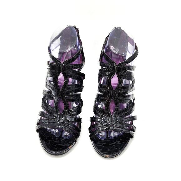 Kenneth Cole Reaction Black Patent Cage Slide In Open Toe Zip Up Heels Size 7.5 - Picture 3 of 5